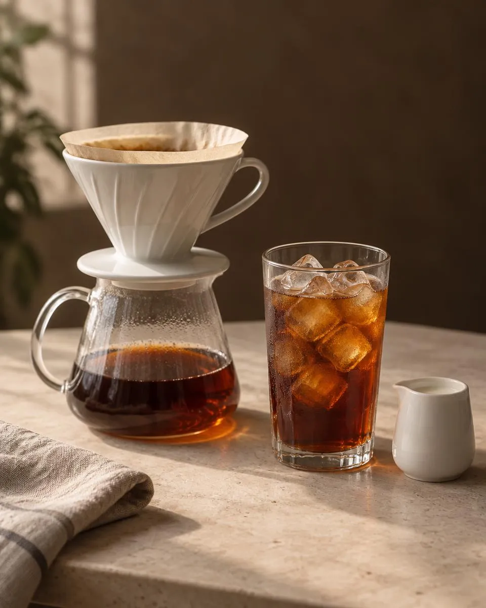 قمع V60 فوق إبريق زجاجي، وكأس قهوة مقطّرة على الثلج، وإبريق حليب صغير جانبًا